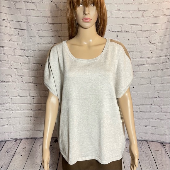 NWT New Anthropologie OLVA Olive and Vine Beige Knit Short Sleeve Top Size XL - Picture 1 of 10